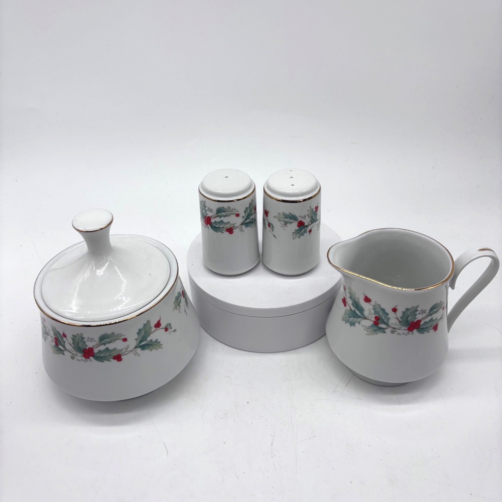 China Pearl Holly Berry Christmas Creamer Sugar Salt Pepper Set White Holiday - Picture 1 of 9